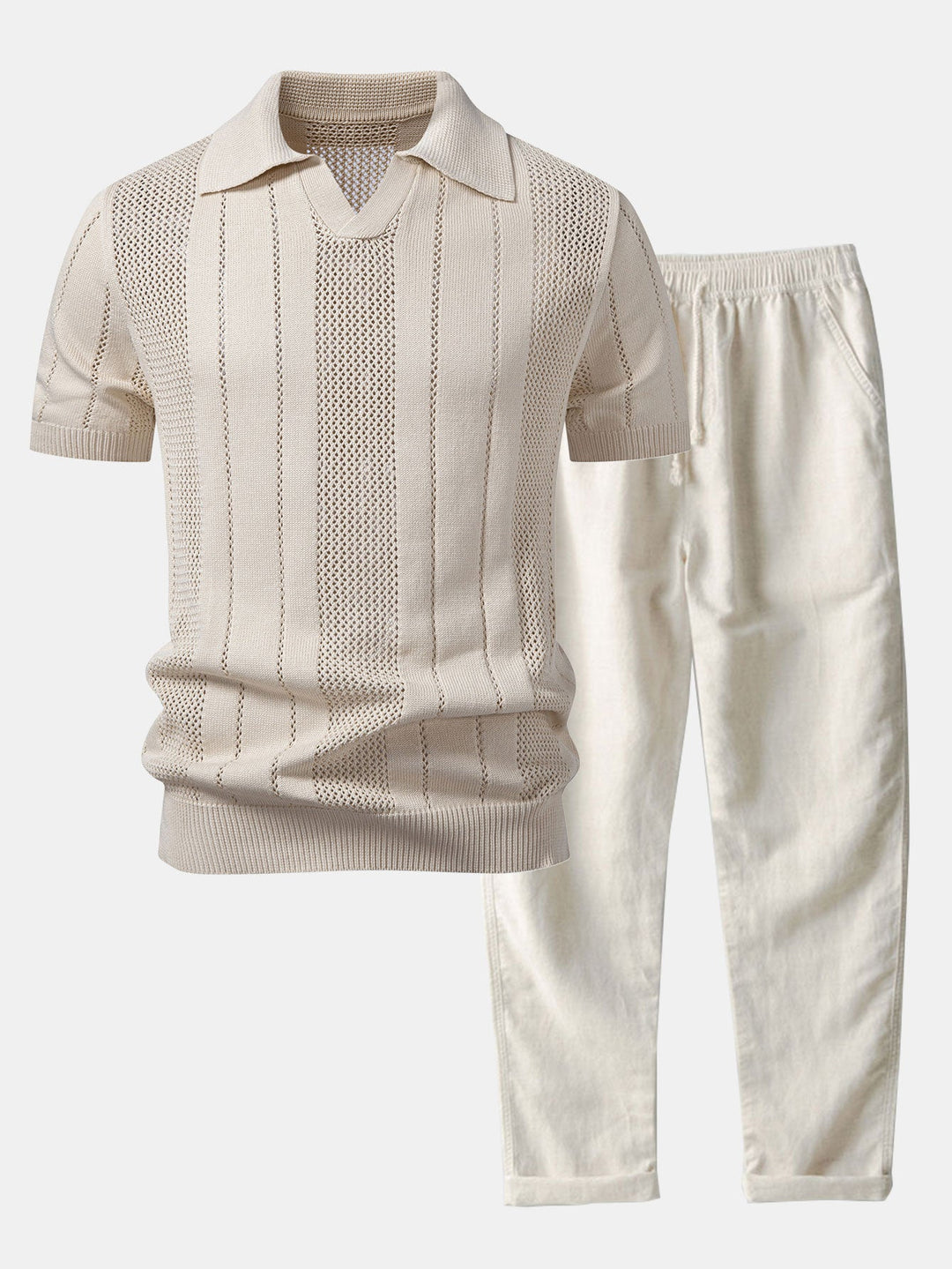 Eddie | Johnny Collar Striped Open Knit Polo & Straight Leg Linen Pants