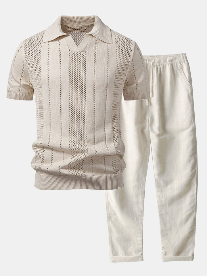 Eddie | Johnny Collar Striped Open Knit Polo & Straight Leg Linen Pants
