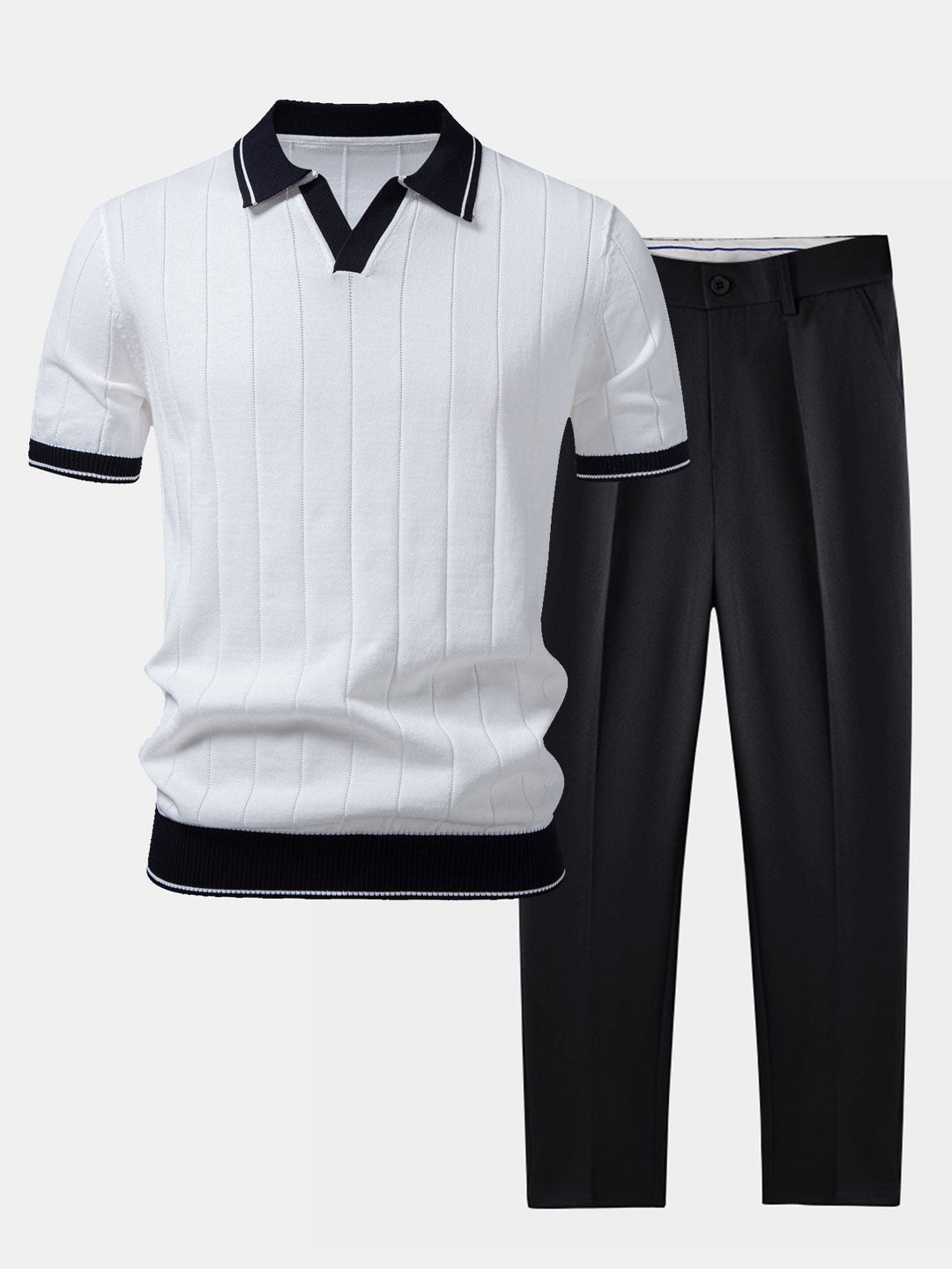 Luke | Contrast Trim Ribbed Johnny Collar Knit Polo & Slim Fit Tapered Trousers