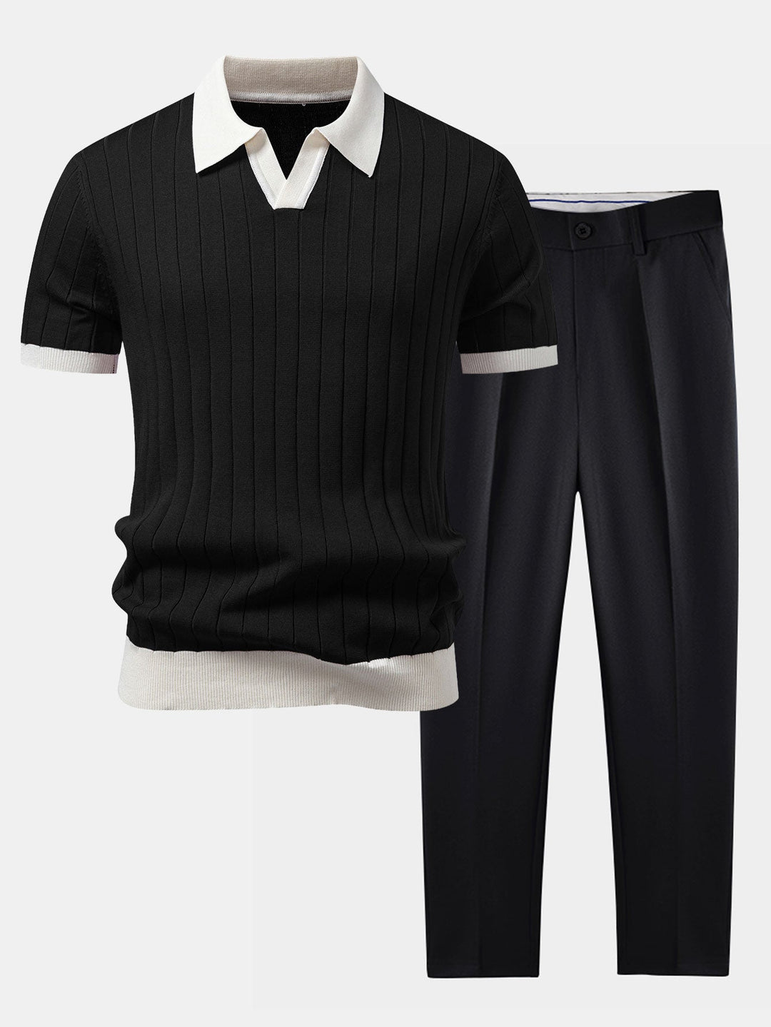 Ron | Contrast Trim Stripe Johnny Collar Polo & Slim Fit Tapered Trousers
