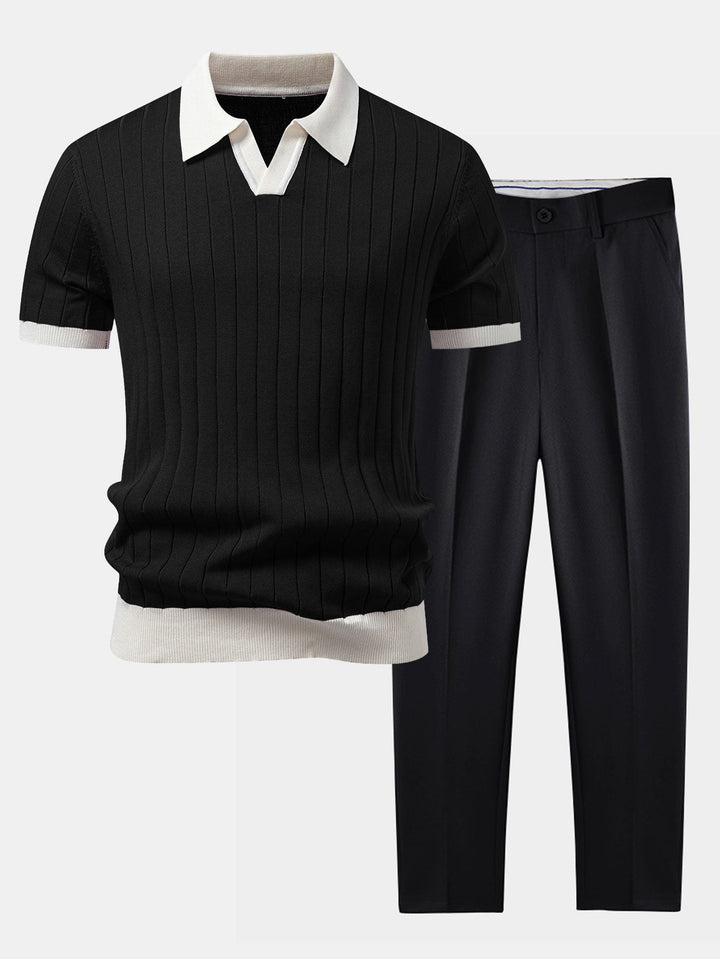 Ron | Contrast Trim Stripe Johnny Collar Polo & Slim Fit Tapered Trousers