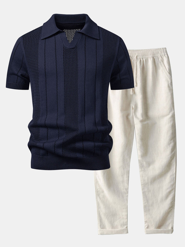 Eddie | Johnny Collar Striped Open Knit Polo & Straight Leg Linen Pants