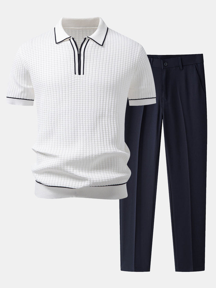 Justin | Contrast Trim Waffle Zipper Knit Polo & Slim Fit Tapered Trousers