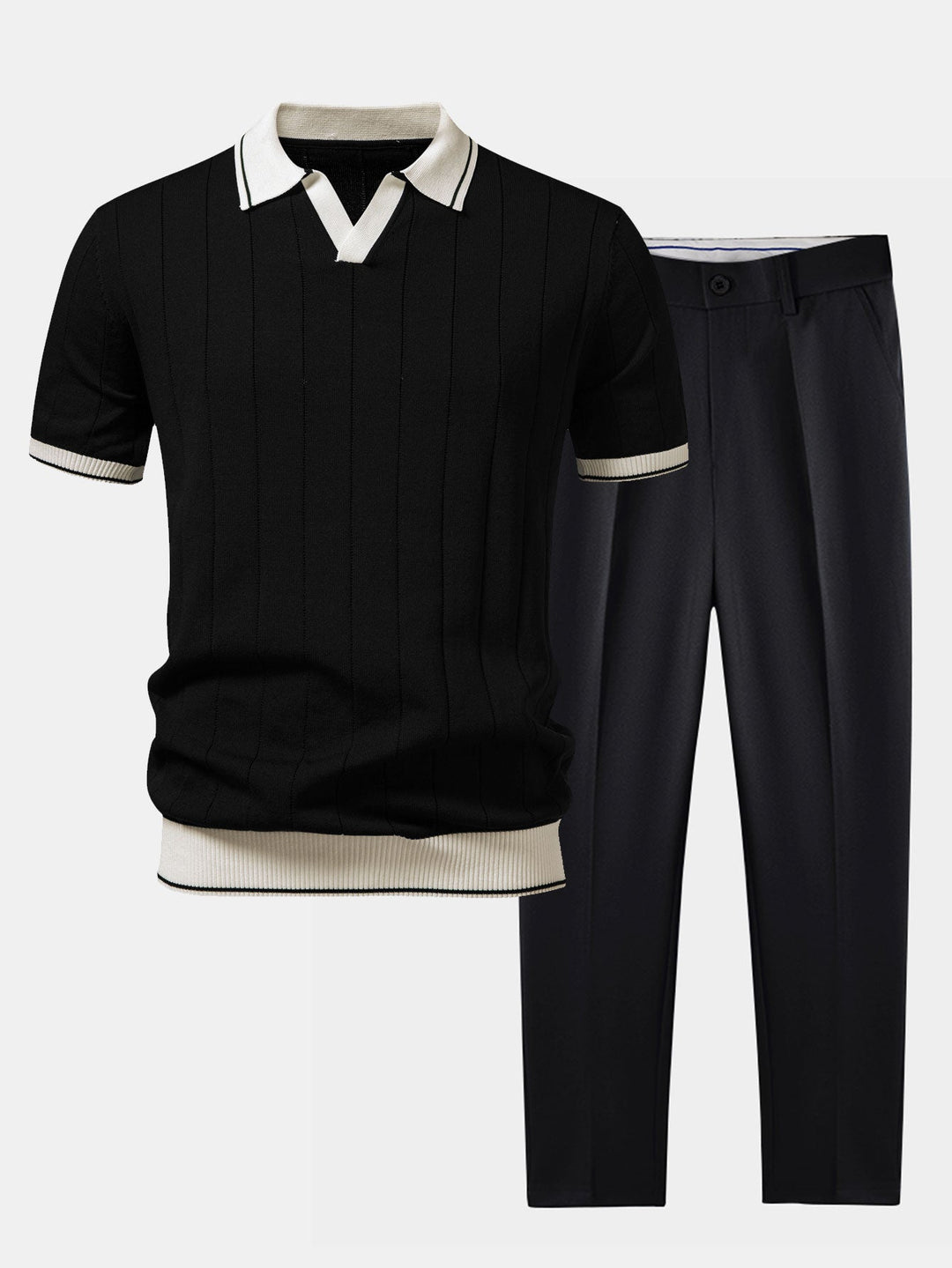 Luke | Contrast Trim Ribbed Johnny Collar Knit Polo & Slim Fit Tapered Trousers