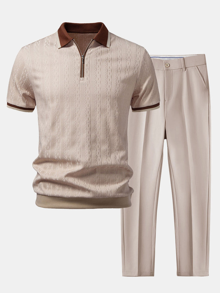 Max | Contrast Trim Textured Zipper Knit Polo & Slim Fit Tapered Trousers
