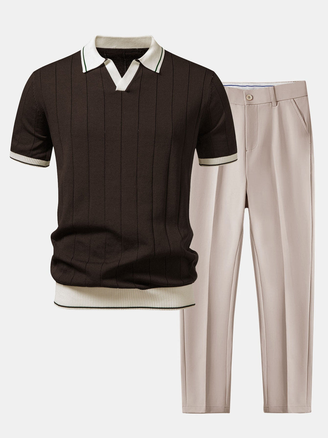 Luke | Contrast Trim Ribbed Johnny Collar Knit Polo & Slim Fit Tapered Trousers