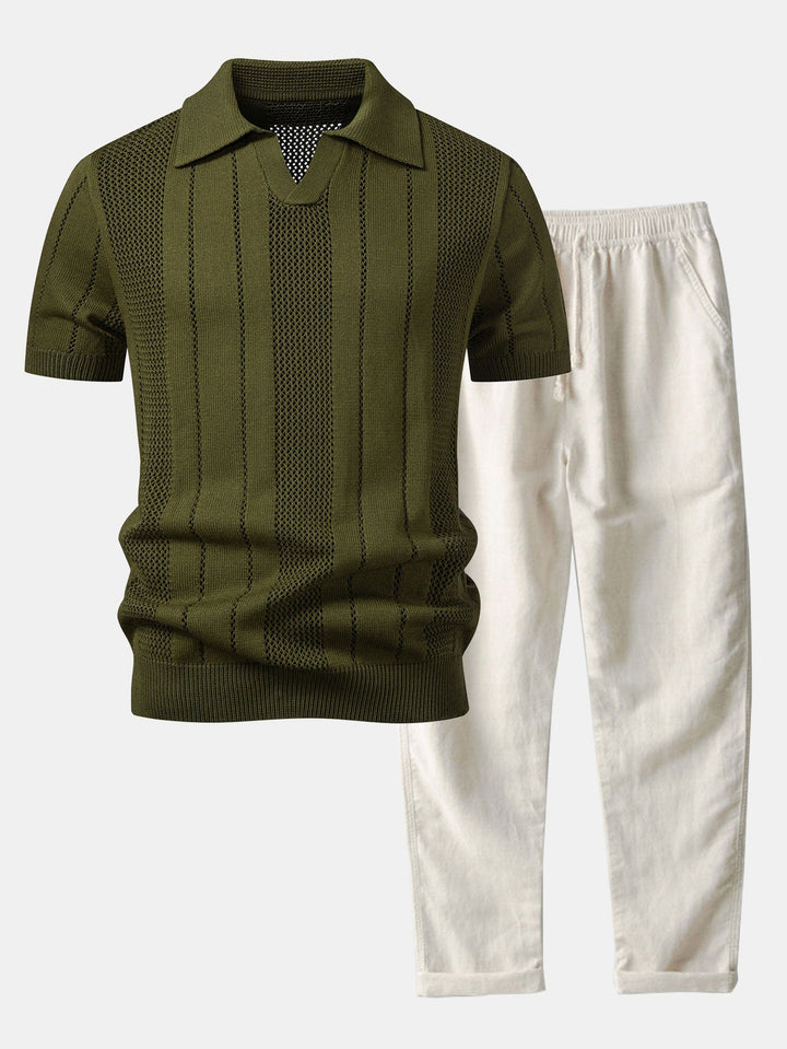 Eddie | Johnny Collar Striped Open Knit Polo & Straight Leg Linen Pants