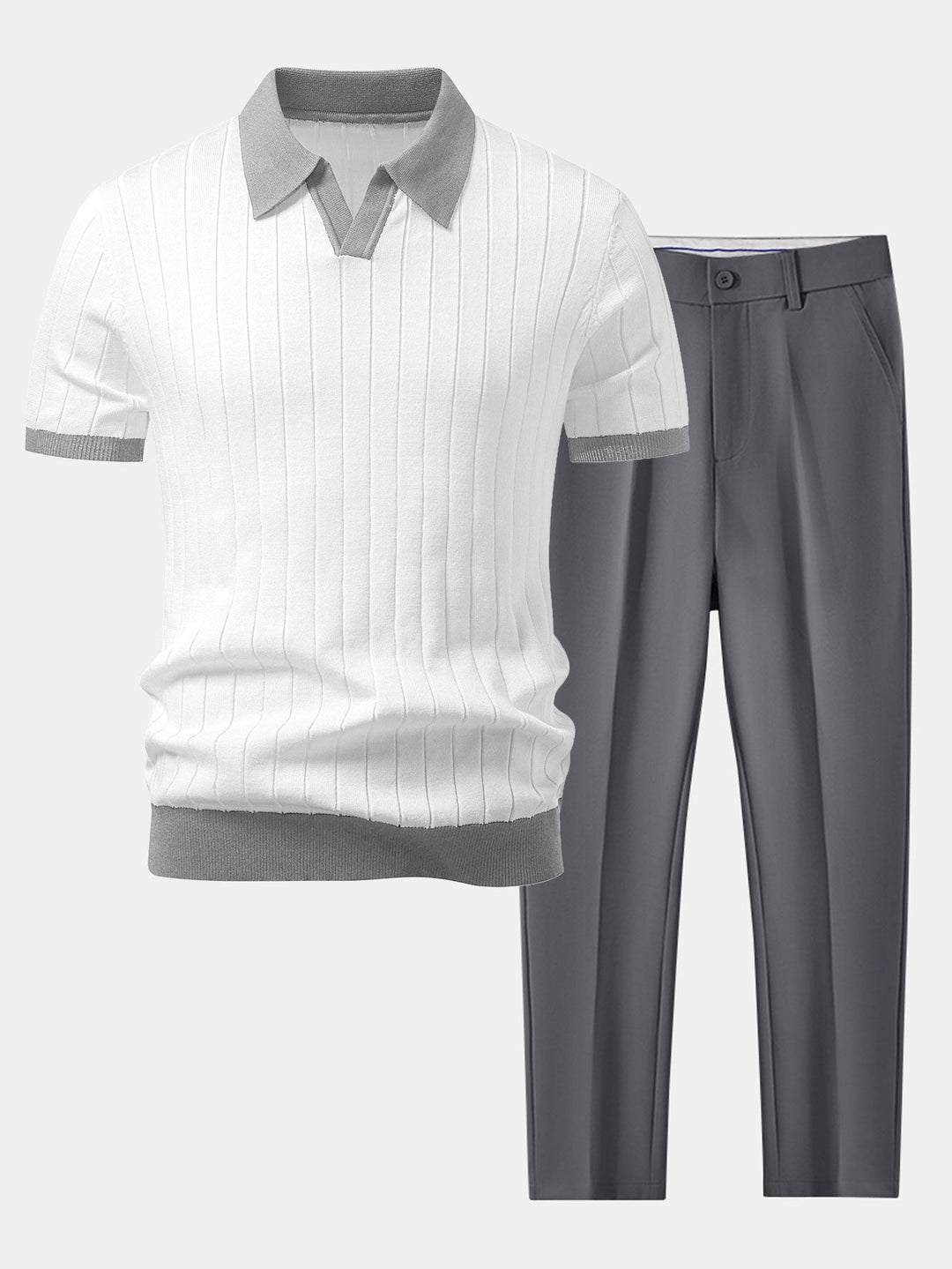 Ron | Contrast Trim Stripe Johnny Collar Polo & Slim Fit Tapered Trousers