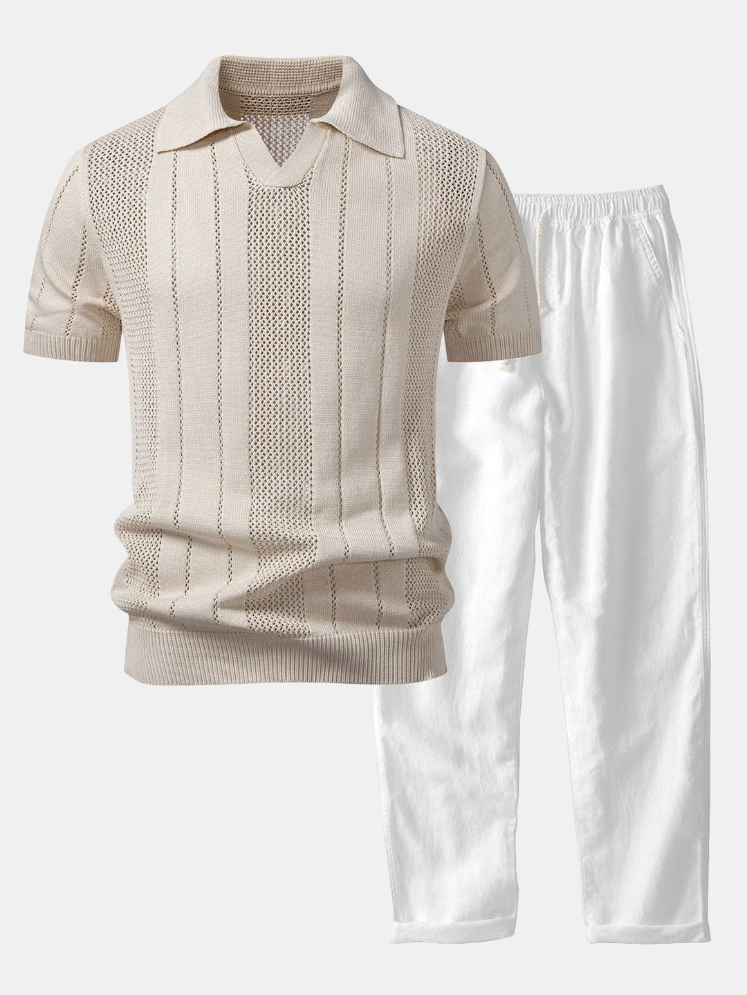 Eddie | Johnny Collar Striped Open Knit Polo & Straight Leg Linen Pants