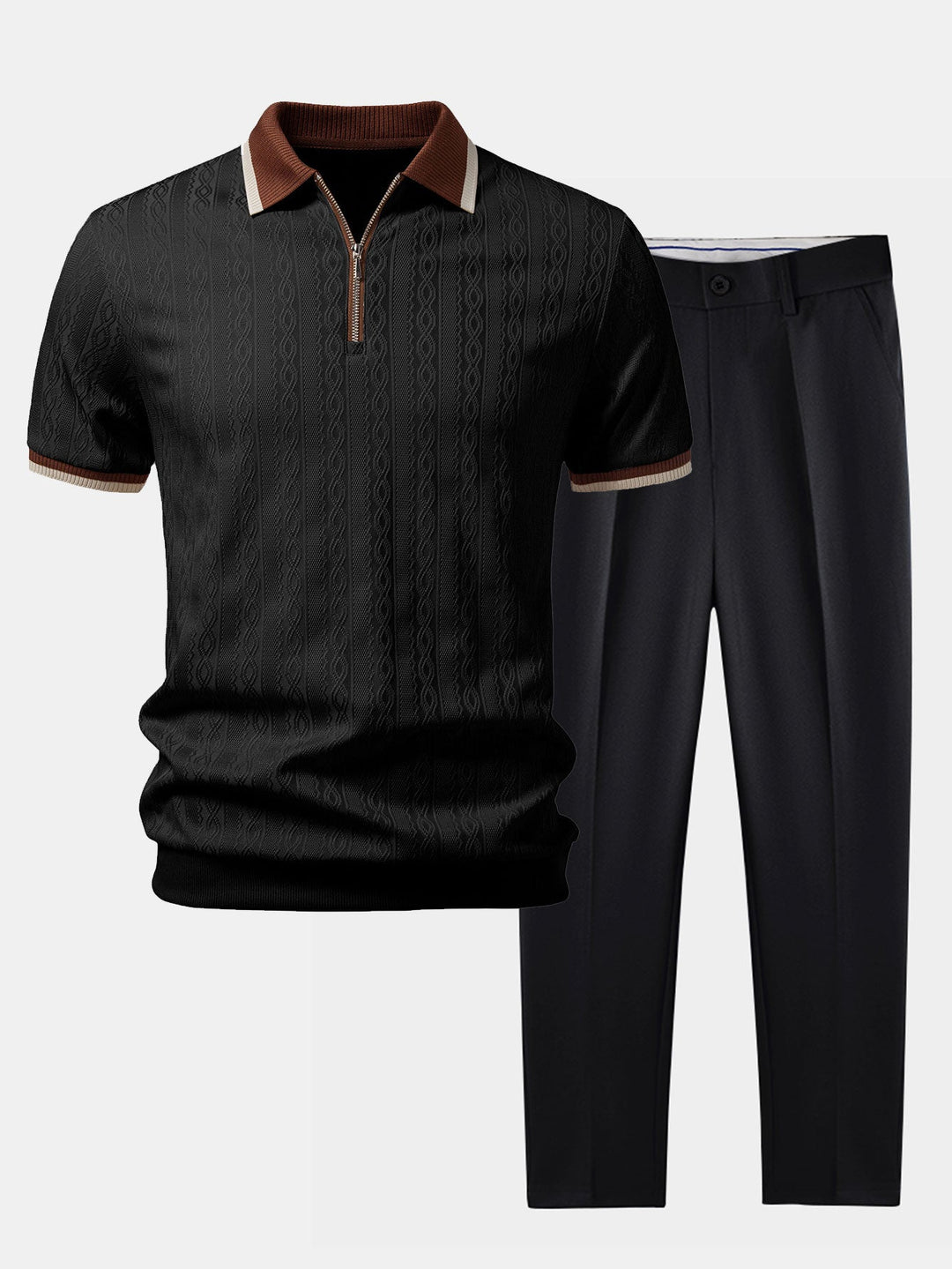 Max | Contrast Trim Textured Zipper Knit Polo & Slim Fit Tapered Trousers