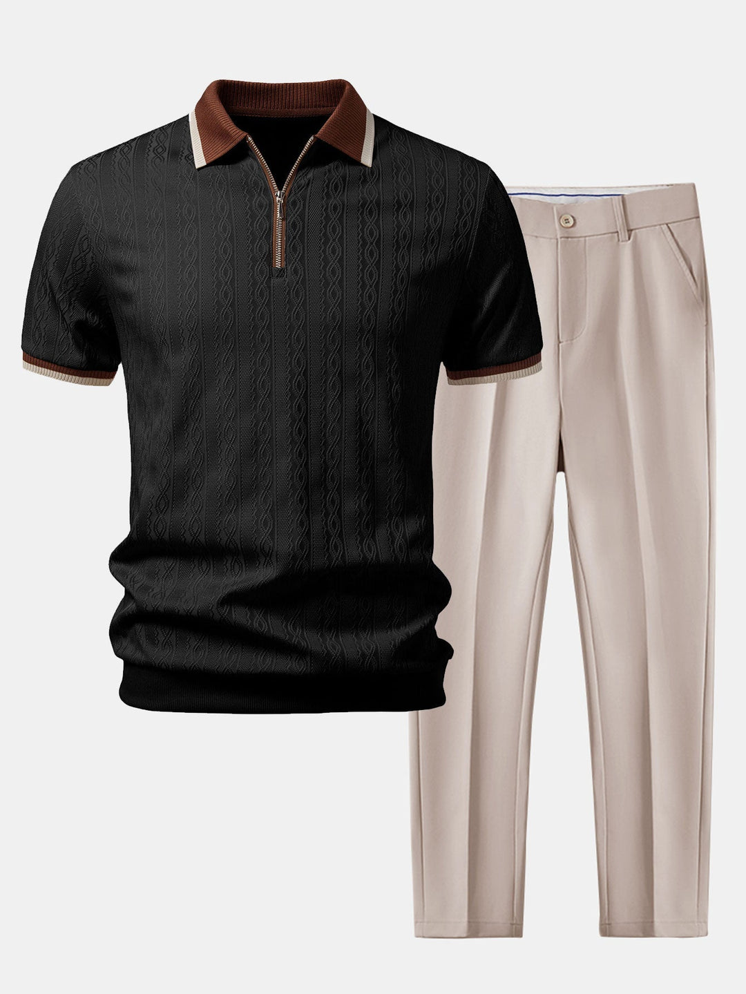 Max | Contrast Trim Textured Zipper Knit Polo & Slim Fit Tapered Trousers