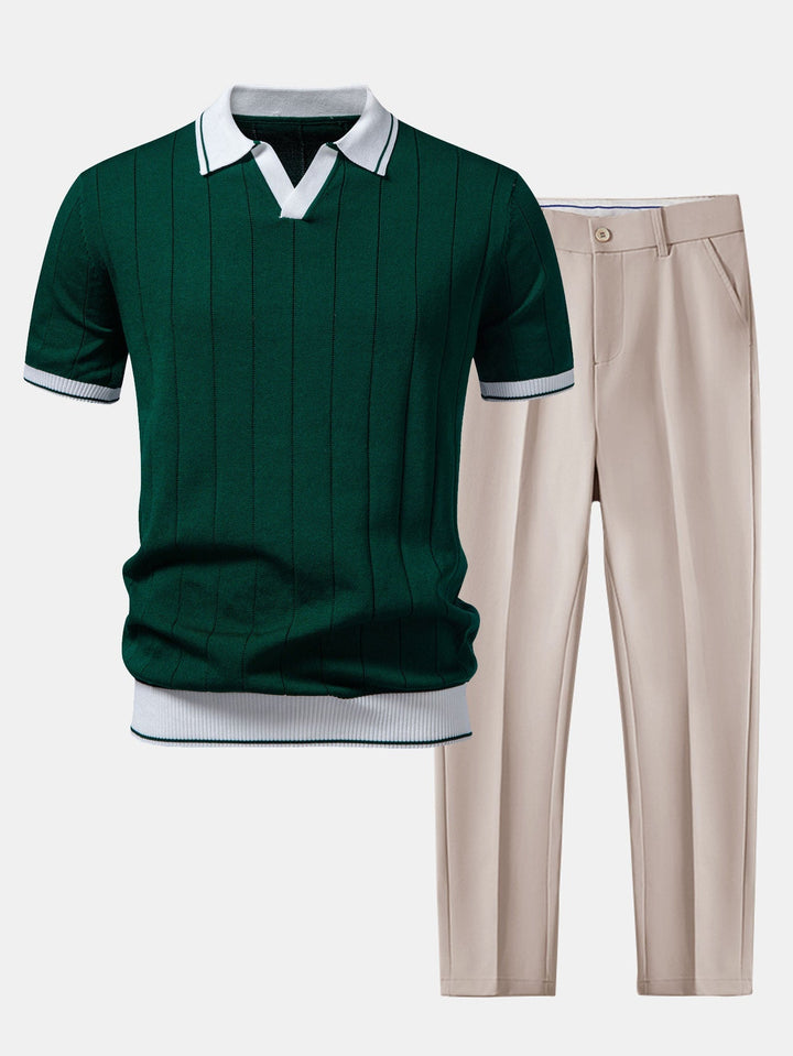 Luke | Contrast Trim Ribbed Johnny Collar Knit Polo & Slim Fit Tapered Trousers