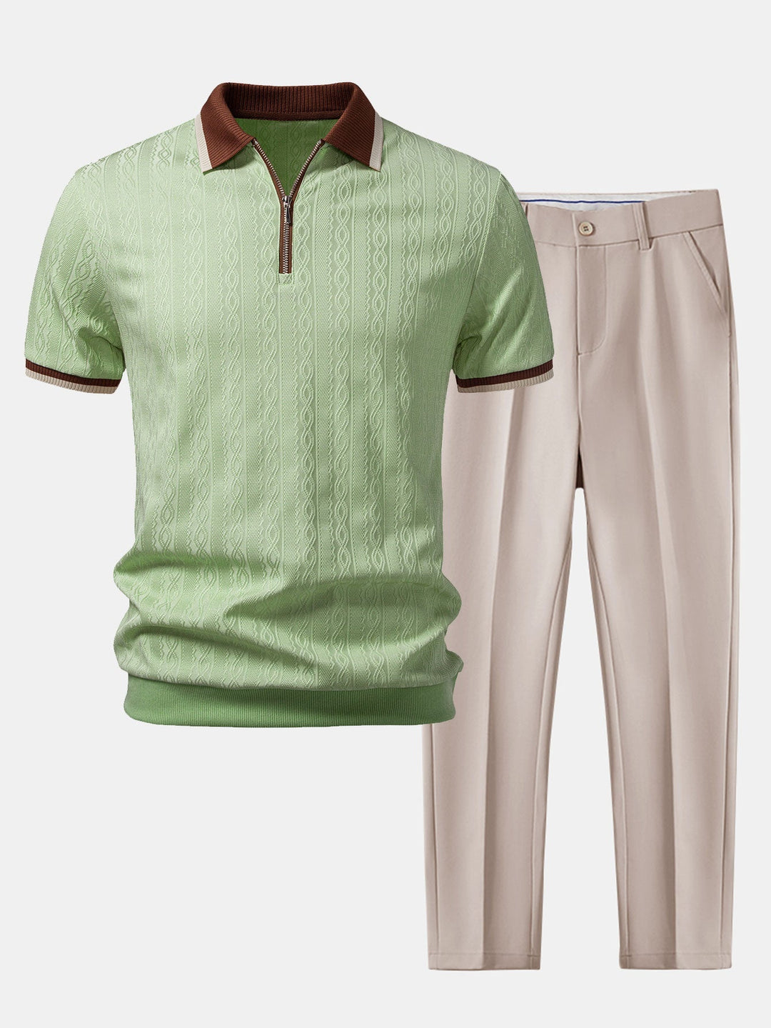 Max | Contrast Trim Textured Zipper Knit Polo & Slim Fit Tapered Trousers