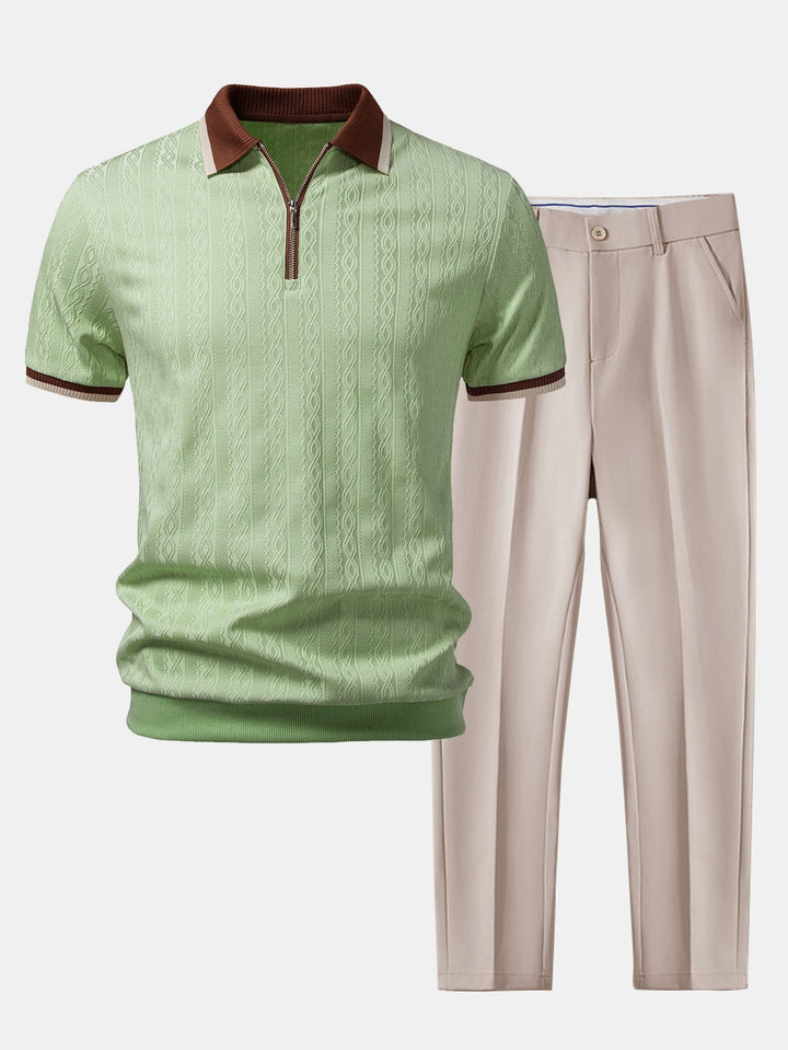 Max | Contrast Trim Textured Zipper Knit Polo & Slim Fit Tapered Trousers