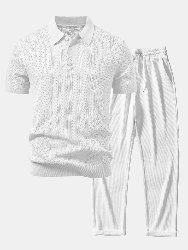Dexter | Geometric Jacquard Open Knit Polo & Straight Leg Ribbed Pants