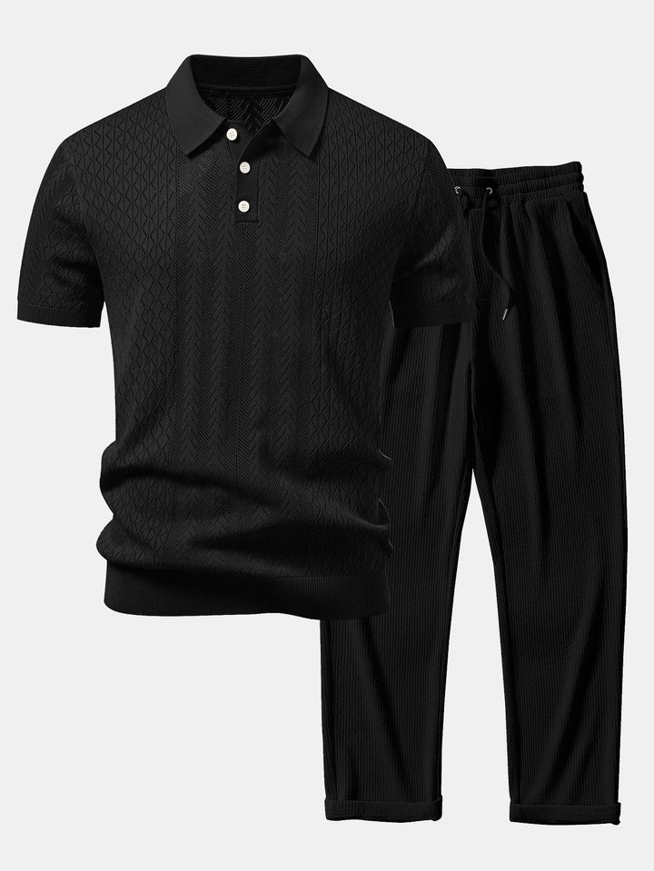 Dexter | Geometric Jacquard Open Knit Polo & Straight Leg Ribbed Pants