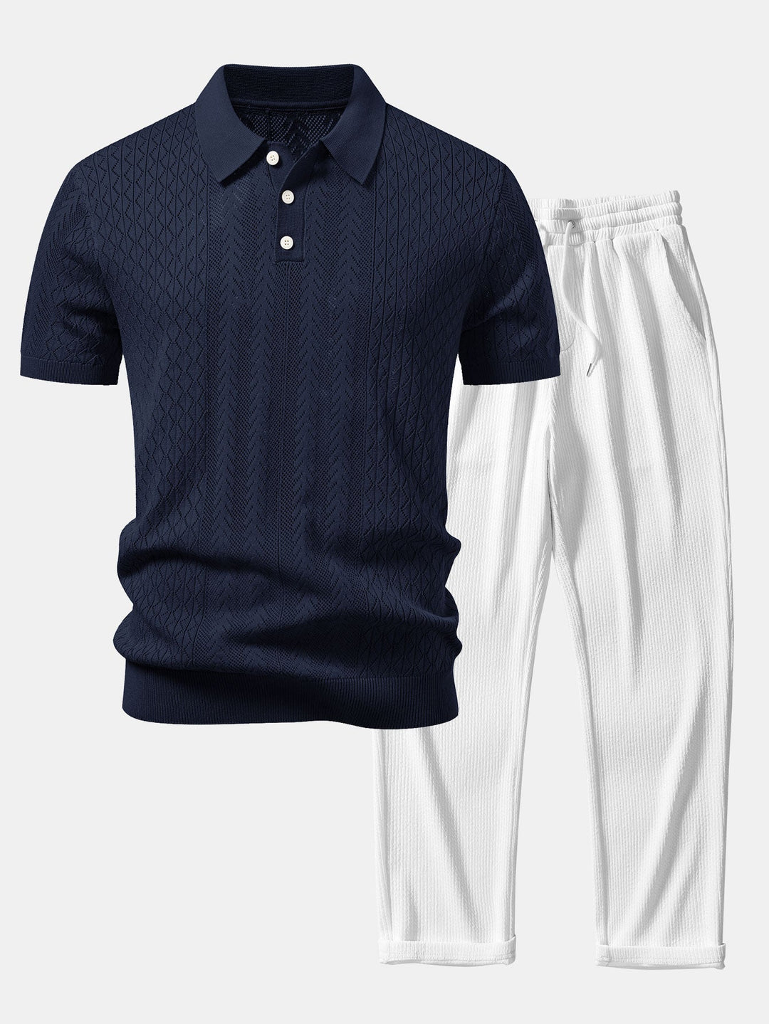 Dexter | Geometric Jacquard Open Knit Polo & Straight Leg Ribbed Pants