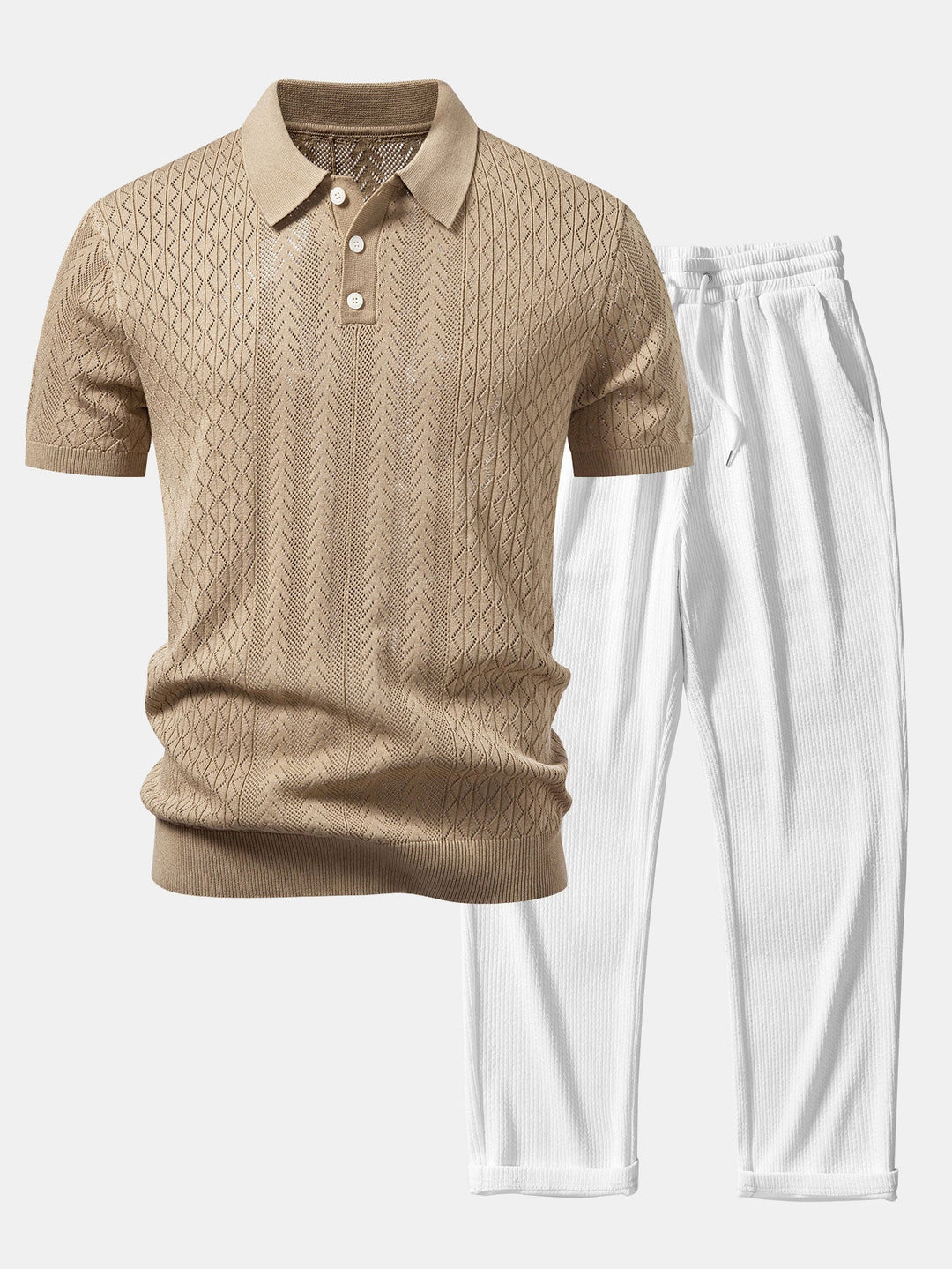 Dexter | Geometric Jacquard Open Knit Polo & Straight Leg Ribbed Pants