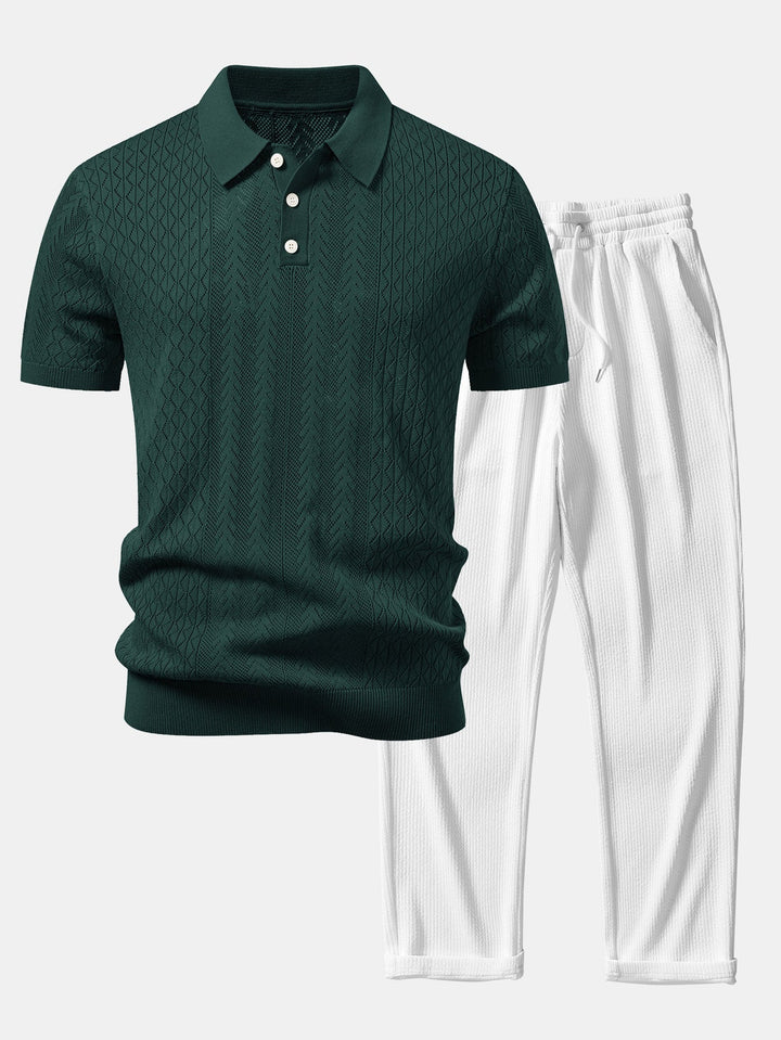 Dexter | Geometric Jacquard Open Knit Polo & Straight Leg Ribbed Pants
