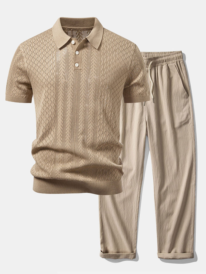 Calix | Geometric Jacquard Open Knit Polo & Crinkle Textured Straight Leg Pants