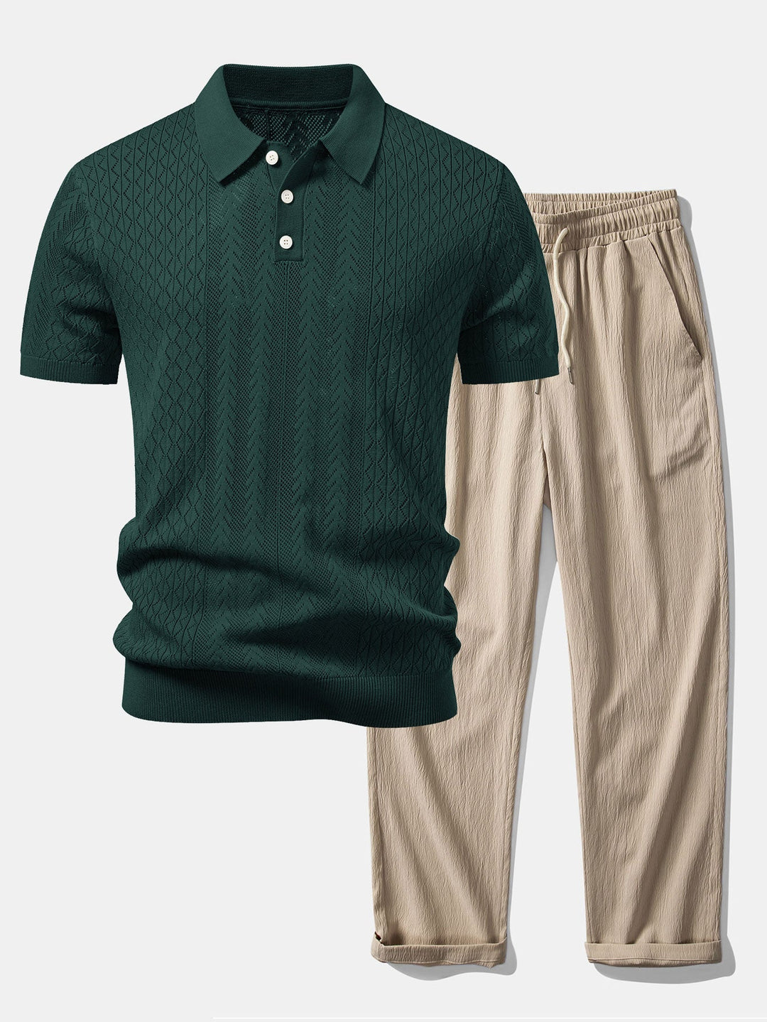 Calix | Geometric Jacquard Open Knit Polo & Crinkle Textured Straight Leg Pants
