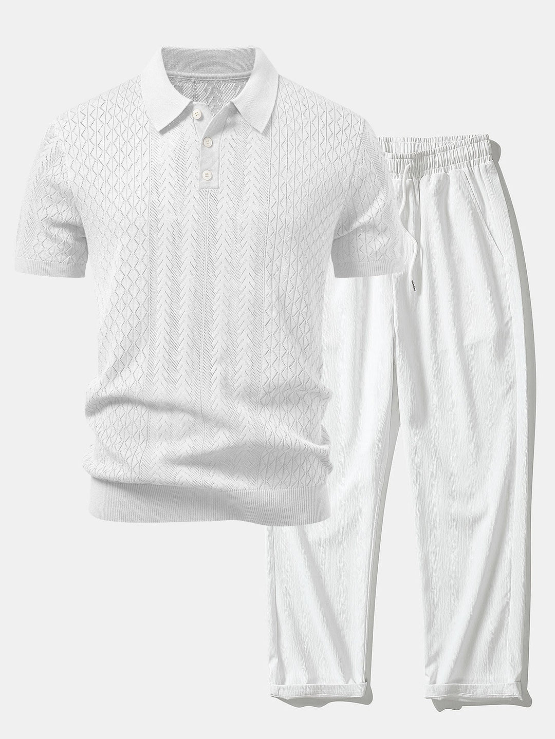 Calix | Geometric Jacquard Open Knit Polo & Crinkle Textured Straight Leg Pants