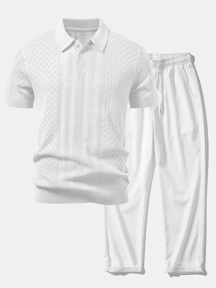 Calix | Geometric Jacquard Open Knit Polo & Crinkle Textured Straight Leg Pants