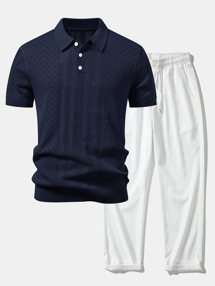 Calix | Geometric Jacquard Open Knit Polo & Crinkle Textured Straight Leg Pants
