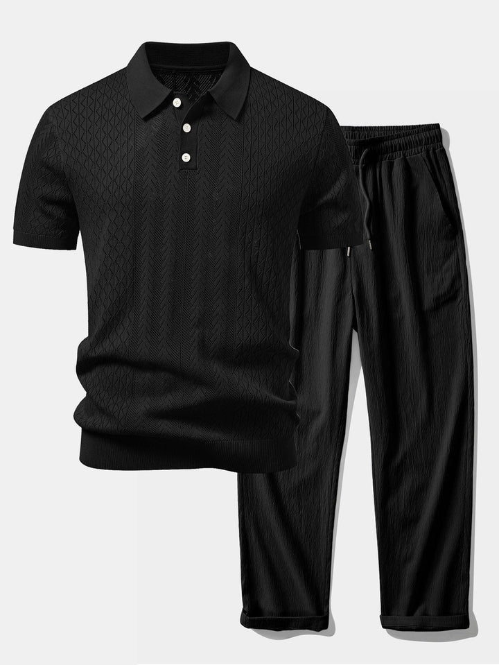 Calix | Geometric Jacquard Open Knit Polo & Crinkle Textured Straight Leg Pants