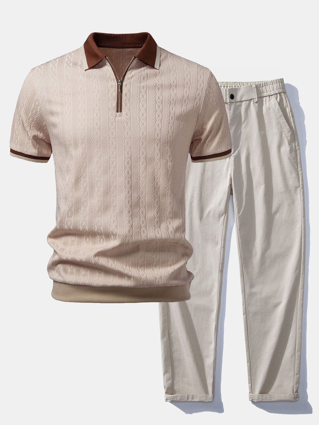 Brian | Contrast Trim Textured Zipper Knit Polo & Elastic Waist Straight Leg Trousers