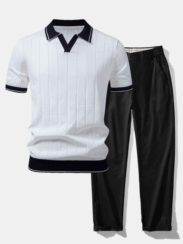 Bobby | Contrast Trim Ribbed Johnny Collar Knit Polo & Elastic Waist Straight Leg Trousers