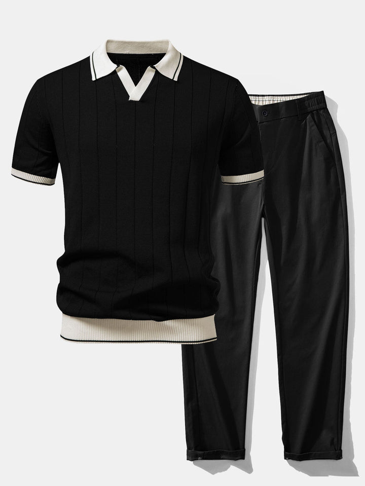 Bobby | Contrast Trim Ribbed Johnny Collar Knit Polo & Elastic Waist Straight Leg Trousers