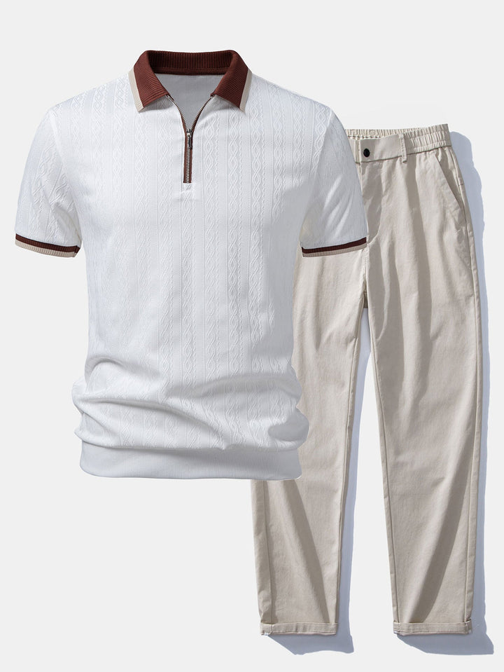 Brian | Contrast Trim Textured Zipper Knit Polo & Elastic Waist Straight Leg Trousers