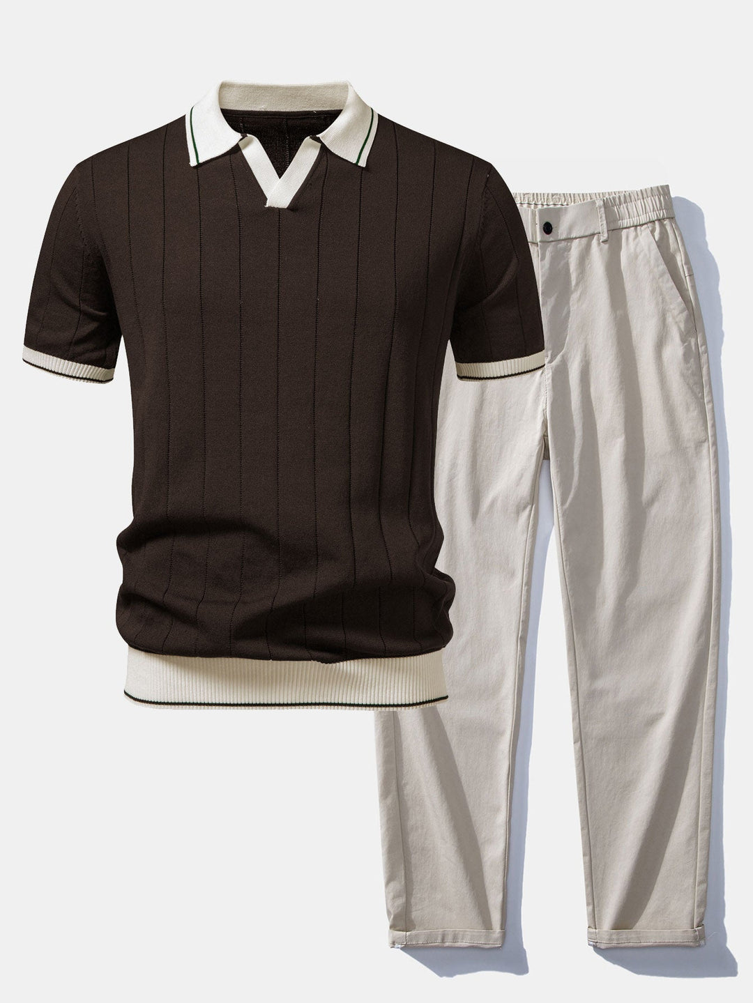 Bobby | Contrast Trim Ribbed Johnny Collar Knit Polo & Elastic Waist Straight Leg Trousers
