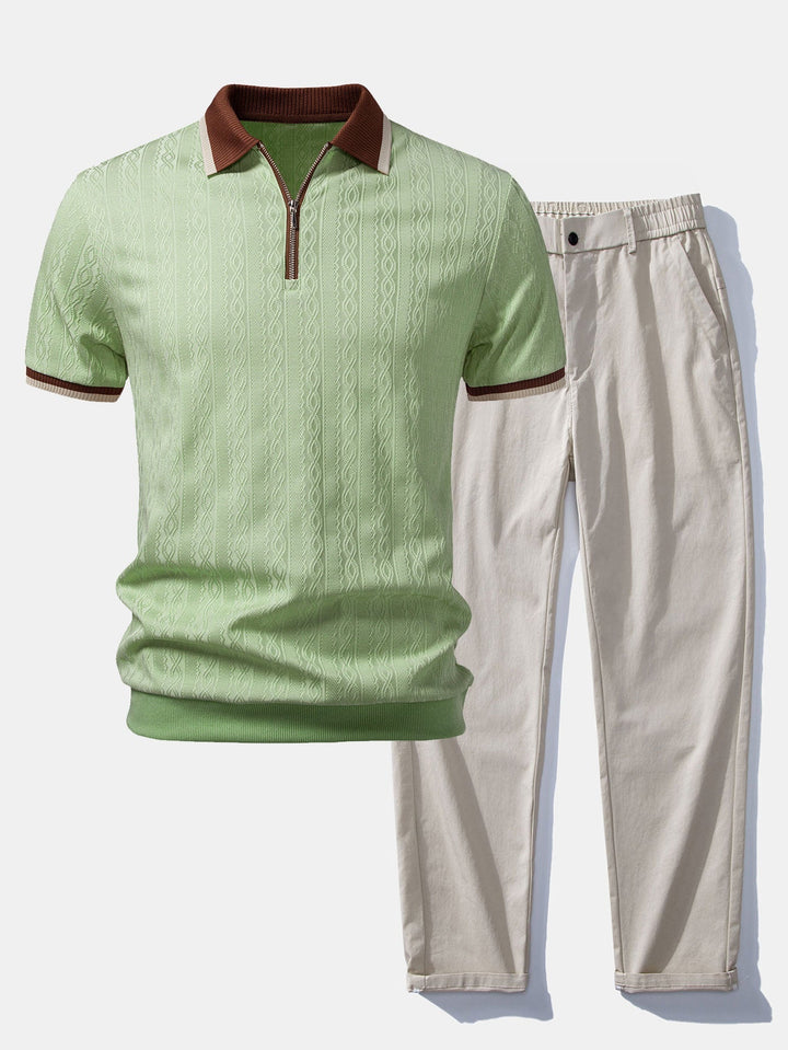 Brian | Contrast Trim Textured Zipper Knit Polo & Elastic Waist Straight Leg Trousers