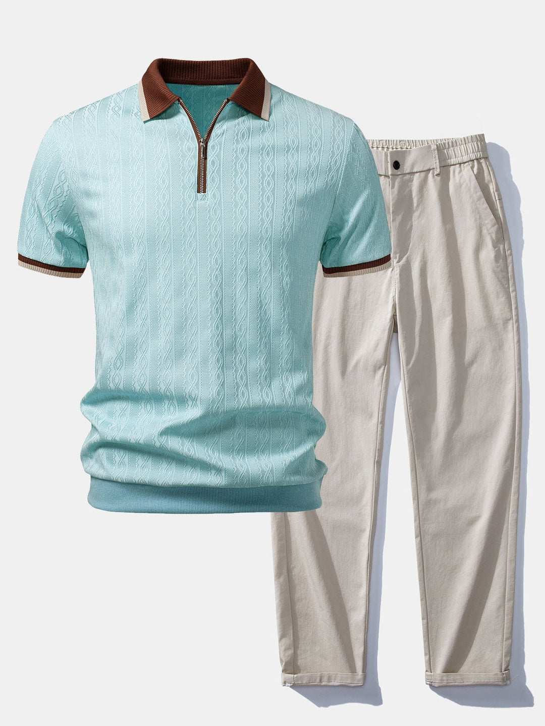 Brian | Contrast Trim Textured Zipper Knit Polo & Elastic Waist Straight Leg Trousers