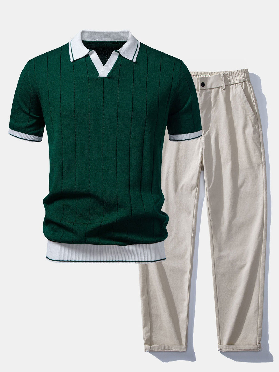 Bobby | Contrast Trim Ribbed Johnny Collar Knit Polo & Elastic Waist Straight Leg Trousers