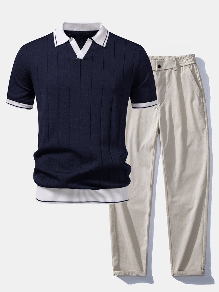Bobby | Contrast Trim Ribbed Johnny Collar Knit Polo & Elastic Waist Straight Leg Trousers
