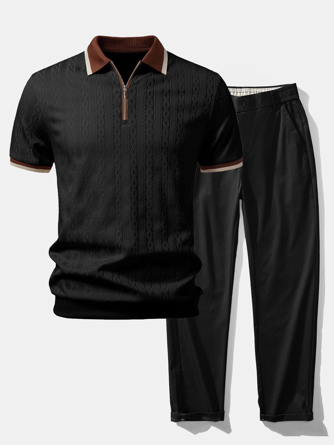 Brian | Contrast Trim Textured Zipper Knit Polo & Elastic Waist Straight Leg Trousers