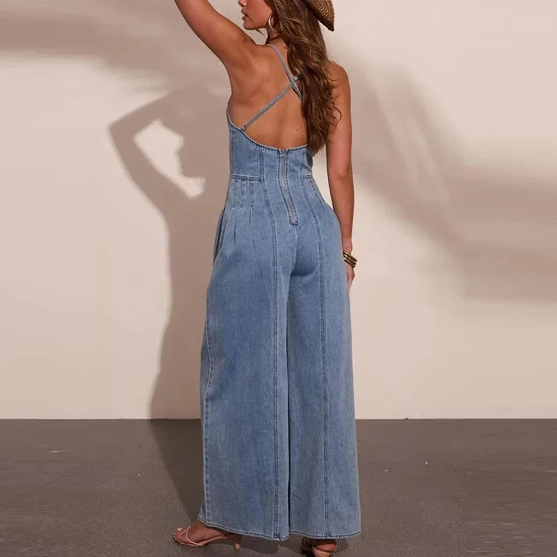 Shane | Chic Denim Holiday Jumpsuit, Sleeveless, Wide Leg, with Sexy Straps and Off-the-Shoulder Neckline