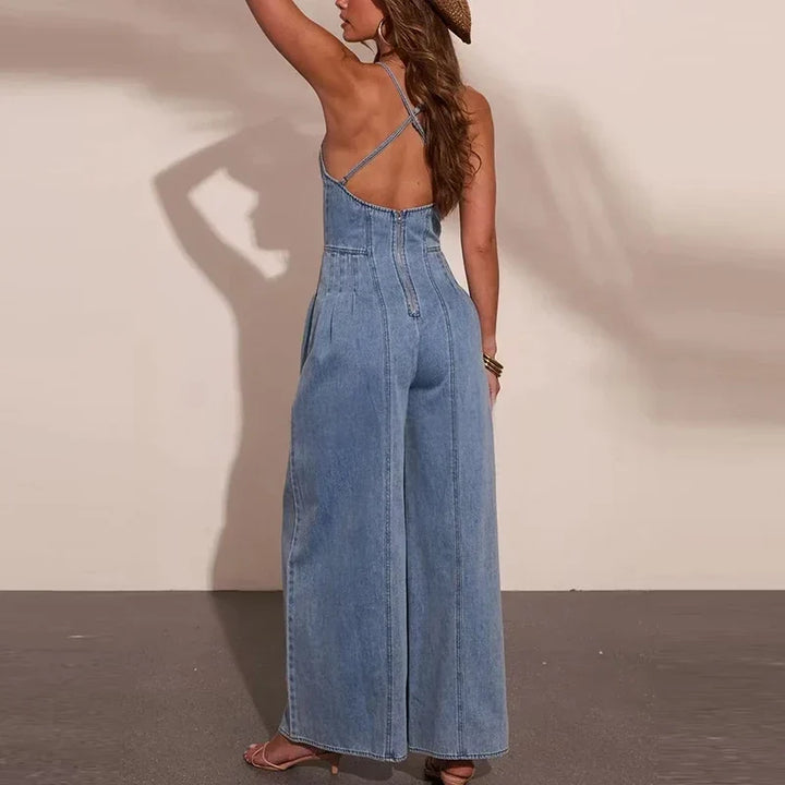 Shane | Chic Denim Holiday Jumpsuit, Sleeveless, Wide Leg, with Sexy Straps and Off-the-Shoulder Neckline