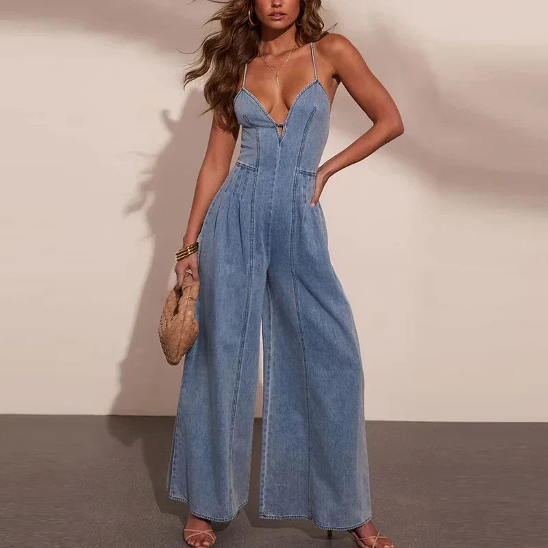 Shane | Chic Denim Holiday Jumpsuit, Sleeveless, Wide Leg, with Sexy Straps and Off-the-Shoulder Neckline
