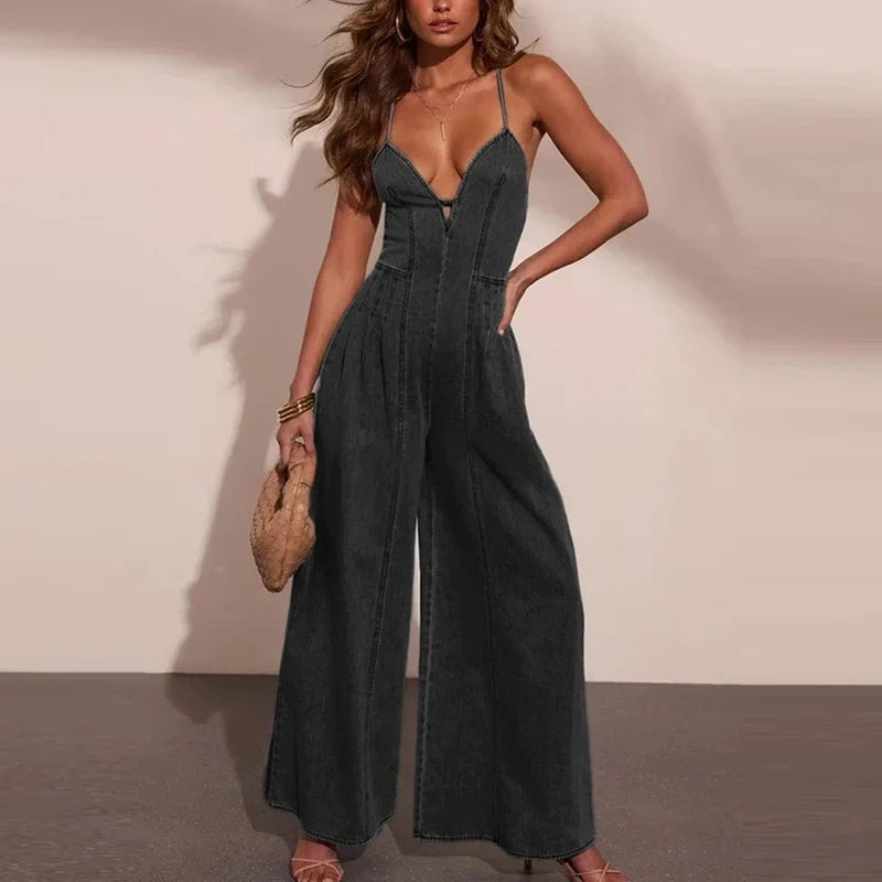 Shane | Chic Denim Holiday Jumpsuit, Sleeveless, Wide Leg, with Sexy Straps and Off-the-Shoulder Neckline