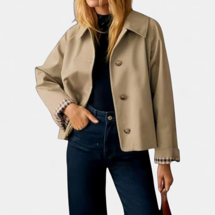 CORETTE™ – Classic Plaid-Lined Cropped Trench Coat