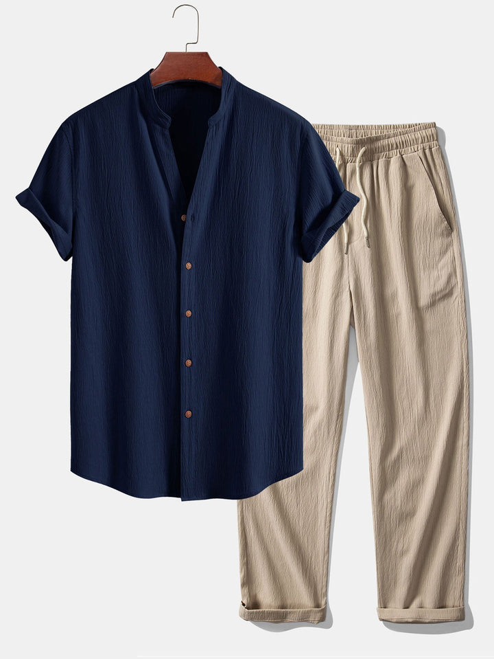 Jamal | Gerimpelde textuur<tc>rood</tc> V-hals shirt &amp; kreuk textuur<tc>rood</tc> Rechte broek
