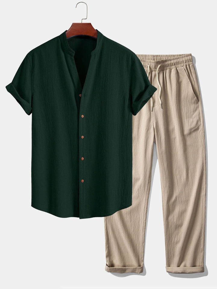 Jamal | Gerimpelde textuur<tc>rood</tc> V-hals shirt &amp; kreuk textuur<tc>rood</tc> Rechte broek