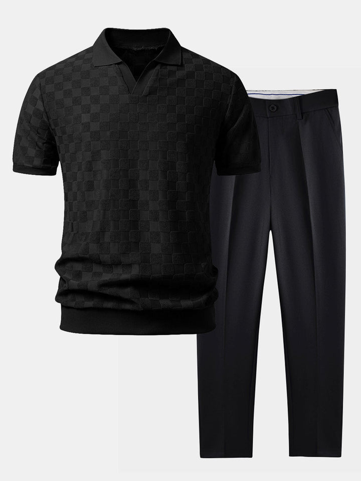 Drake | Checkerboard V-Neck Knit Polo & Slim Fit Tapered Trousers