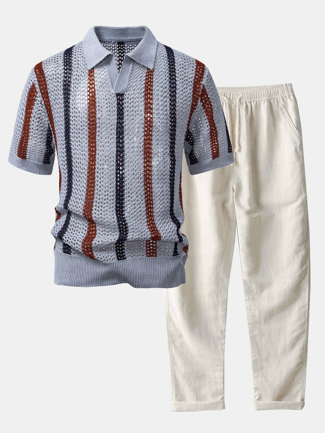 Sam | Gestreepte gehaakte V-hals Polo & linnen broek met rechte pijpen
