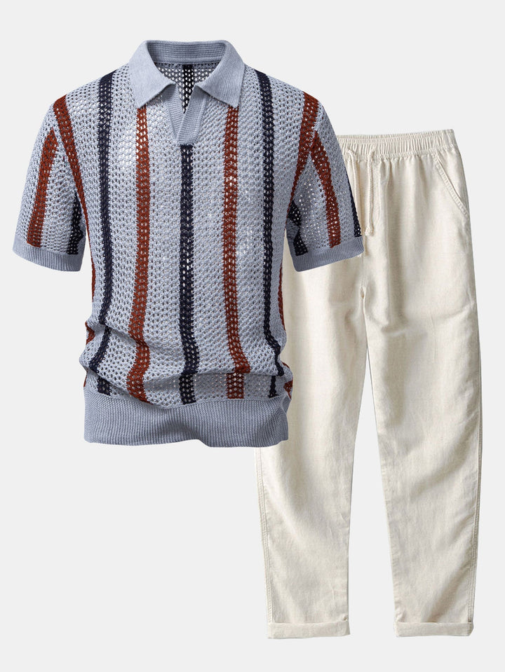 Sam | Gestreepte gehaakte V-hals Polo & linnen broek met rechte pijpen