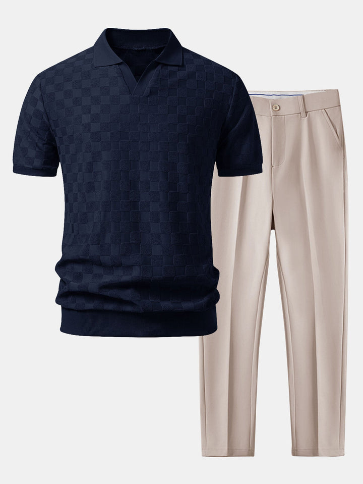 Drake | Checkerboard V-Neck Knit Polo & Slim Fit Tapered Trousers
